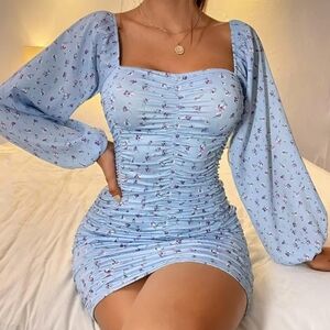 Floral Blue Ruched Dress